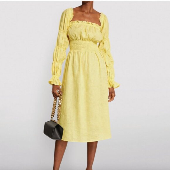 Sleeper Linen Michelin Off-Shoulder Midi Dress in Yellow - Size L - Picture 3 of 10